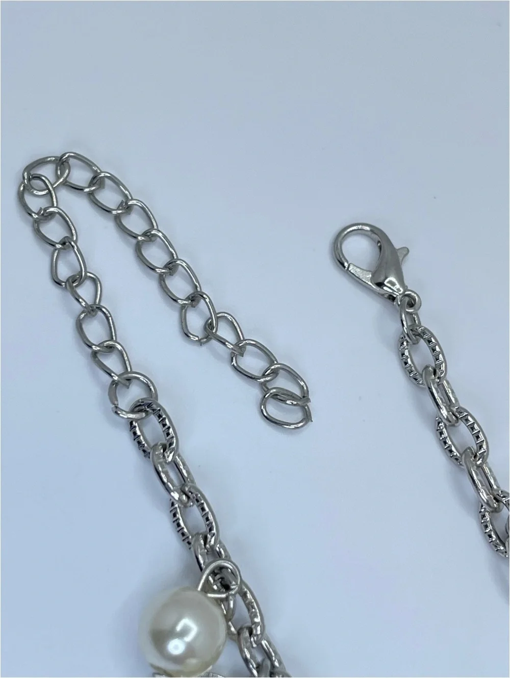 Silver Tone Faux Pearl Charm Bracelet Disc Dangle Boho